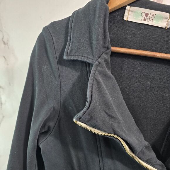 Coin 1804 Jacket Womens Small Black Long Knit Zip Sweatshirt Jersey Knit Stretch - Picture 2 of 14